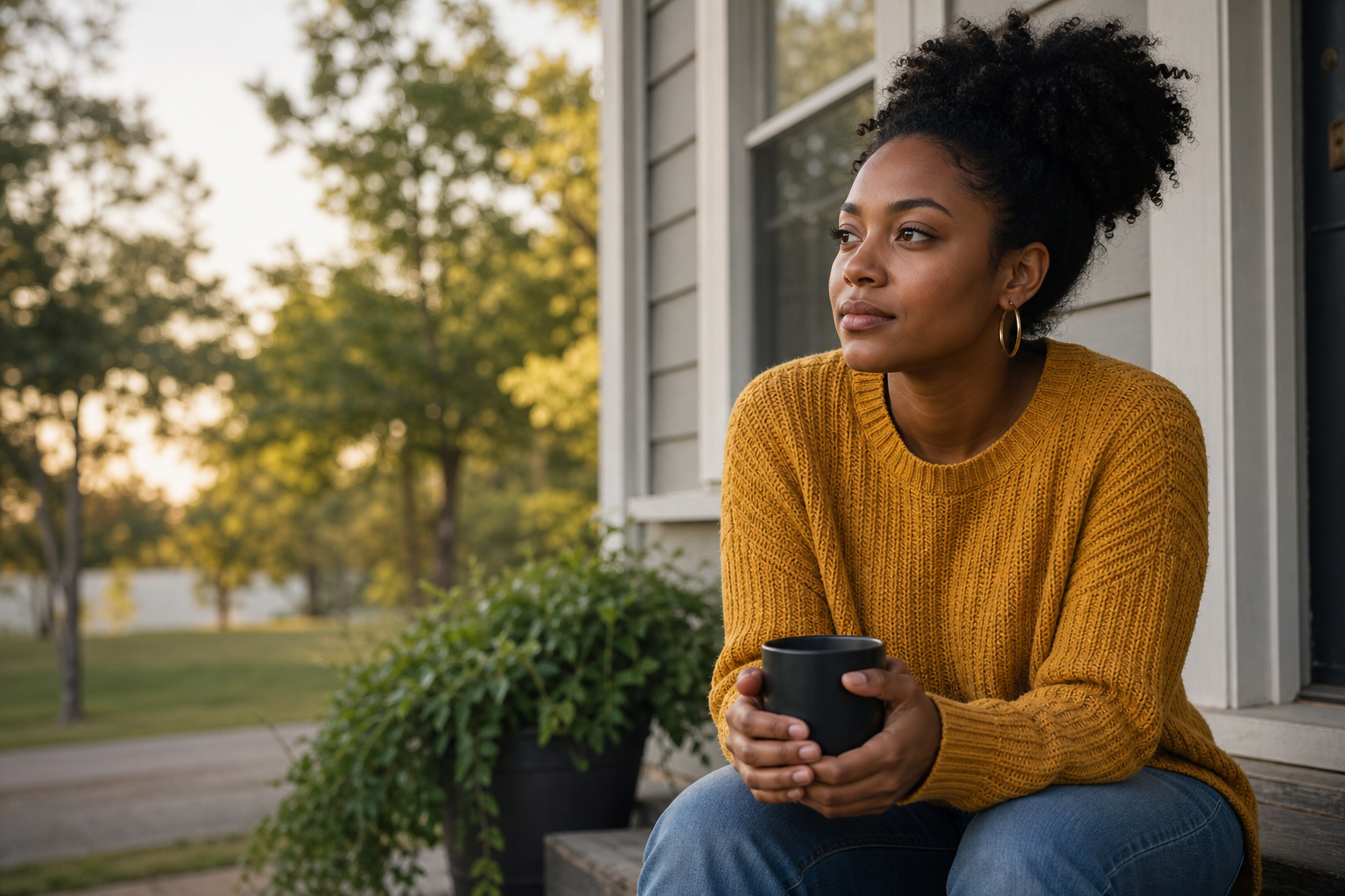 Pensive woman, calm and composed — not crying