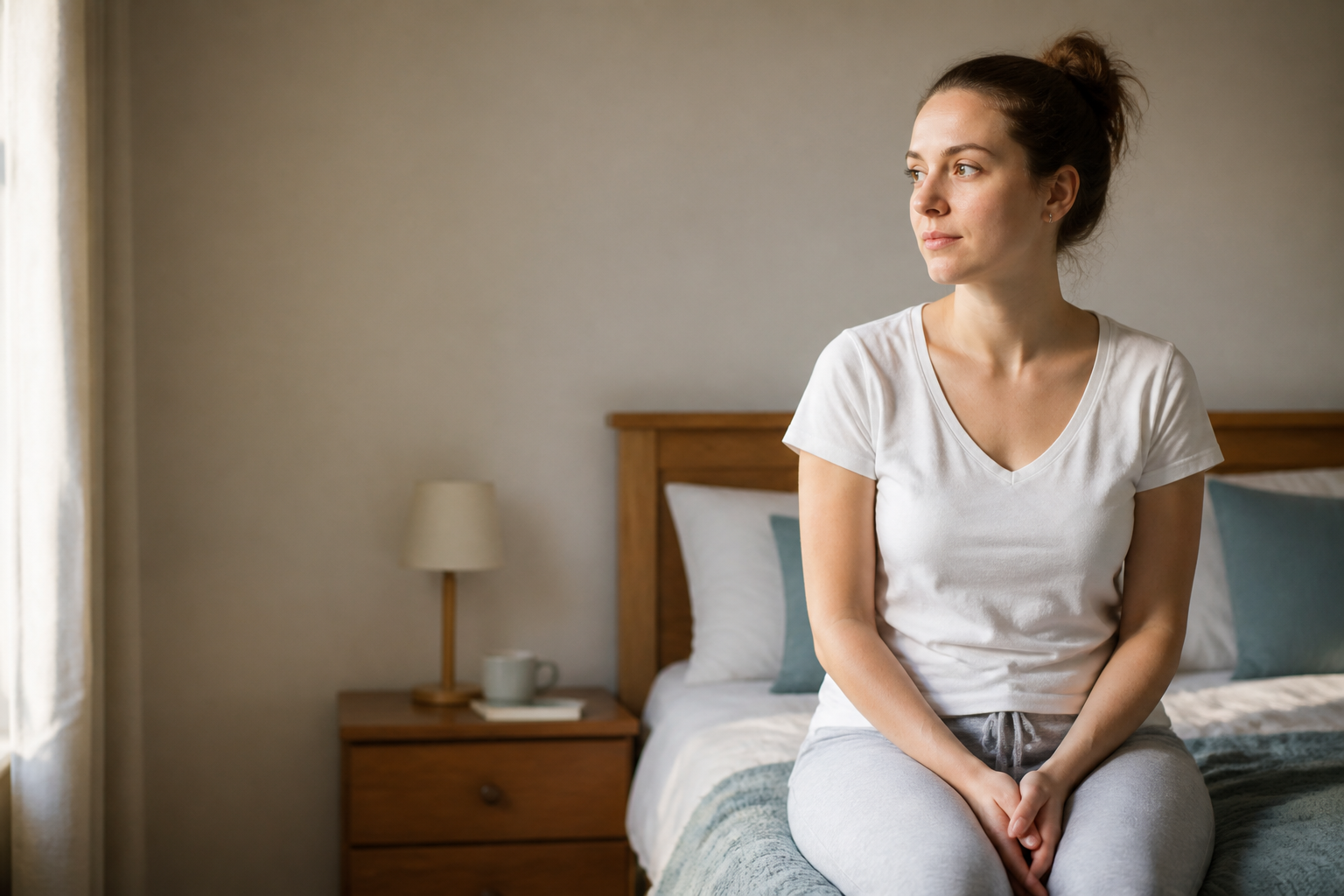 Pensive woman seated in morning light, composed — not in distress