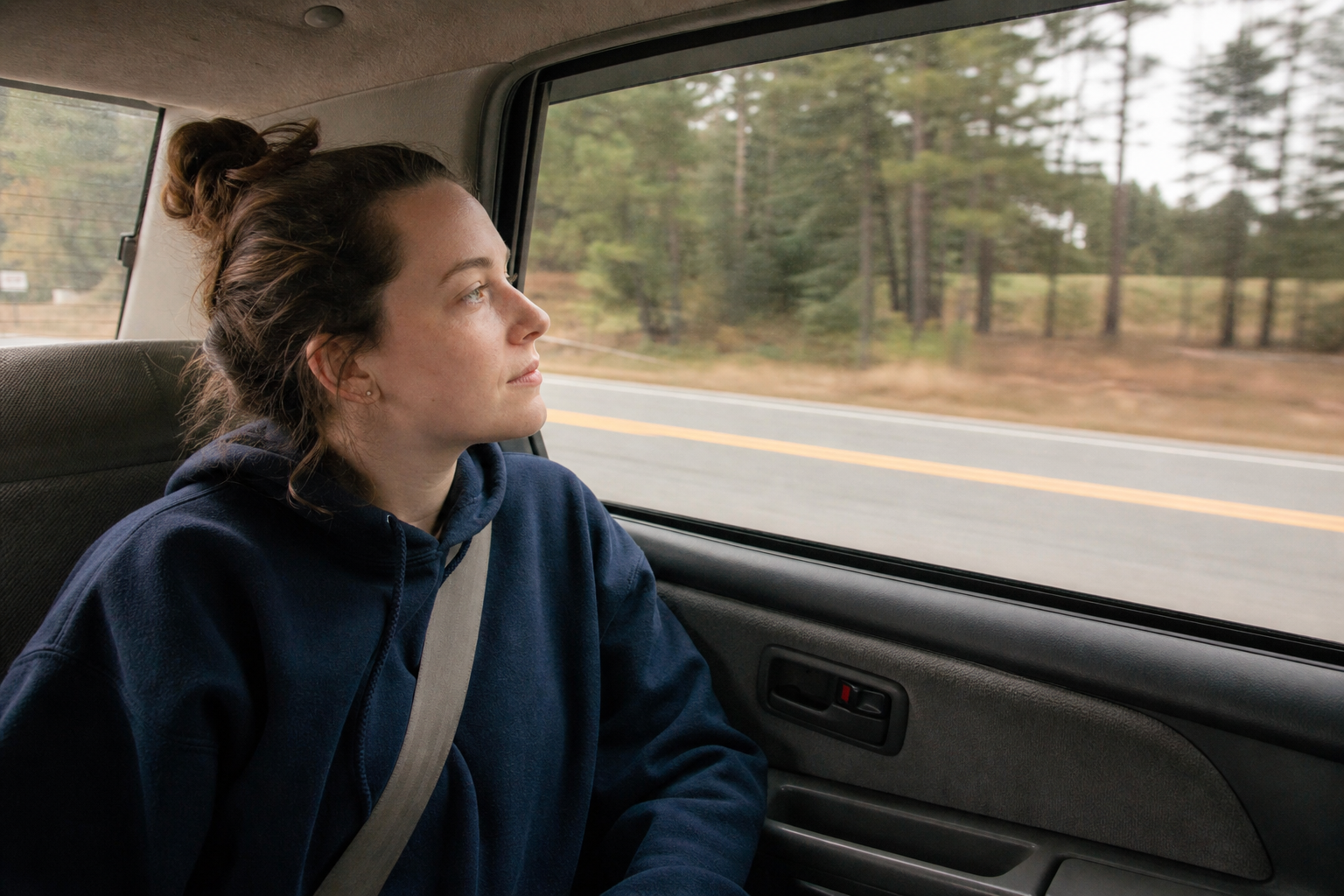 Pensive woman looking out a car window on a tree-lined Alabama road, calm