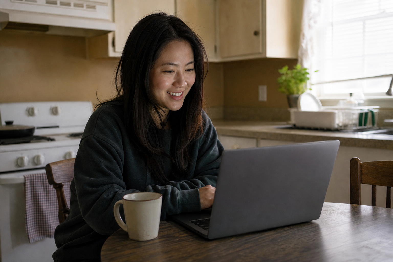 Happy woman looking at a laptop at a kitchen table, slight smile, at ease