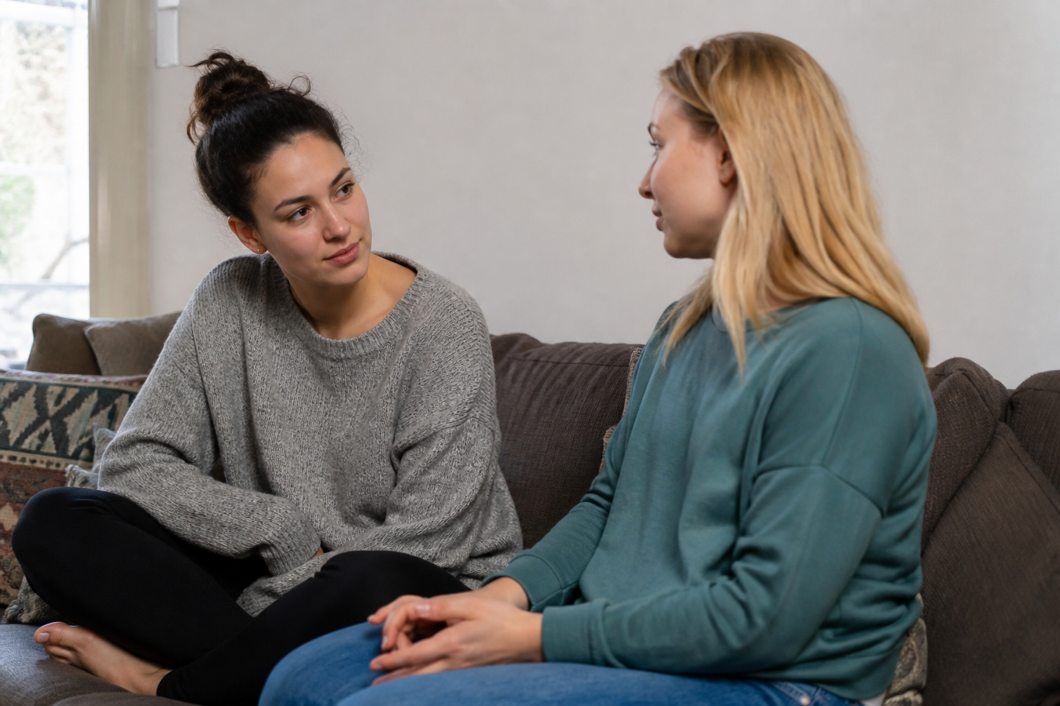Two women sitting together on a sofa, the friend looking attentive and calm, neither crying